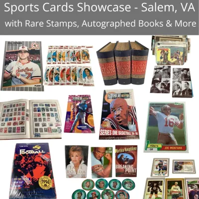 SPORTS CARD SHOWCASE WITH RARE STAMPS & AUTOGRAPHED BOOKS