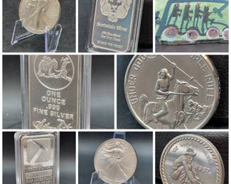 SILVER BARS & COINS and MOSE T ART- 1oz. Bars, 1oz. Dollars, Silver Half Dollars, Silver Canadian