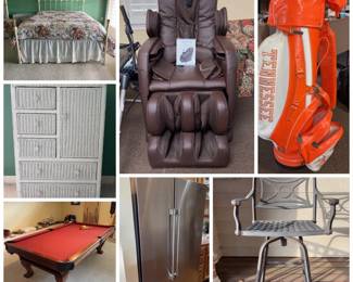 Nice Furn, Stain Steel Fridge, Miss State Memor., Golf Clubs, Pool Table & Cues, Outdoor Furn, Books