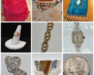 Evening Handbags, Gold & Silver Jewelry, Sterling, Coins, Trinket Boxes, Italian Pottery, Books