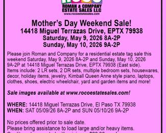 Mother's Day Weekend Estate Tag Sale!