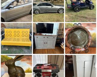 Volvo, Mercedes, Golf Cart, Tools, Pottery, Household Goods, and Lots of Miniature Collectibles